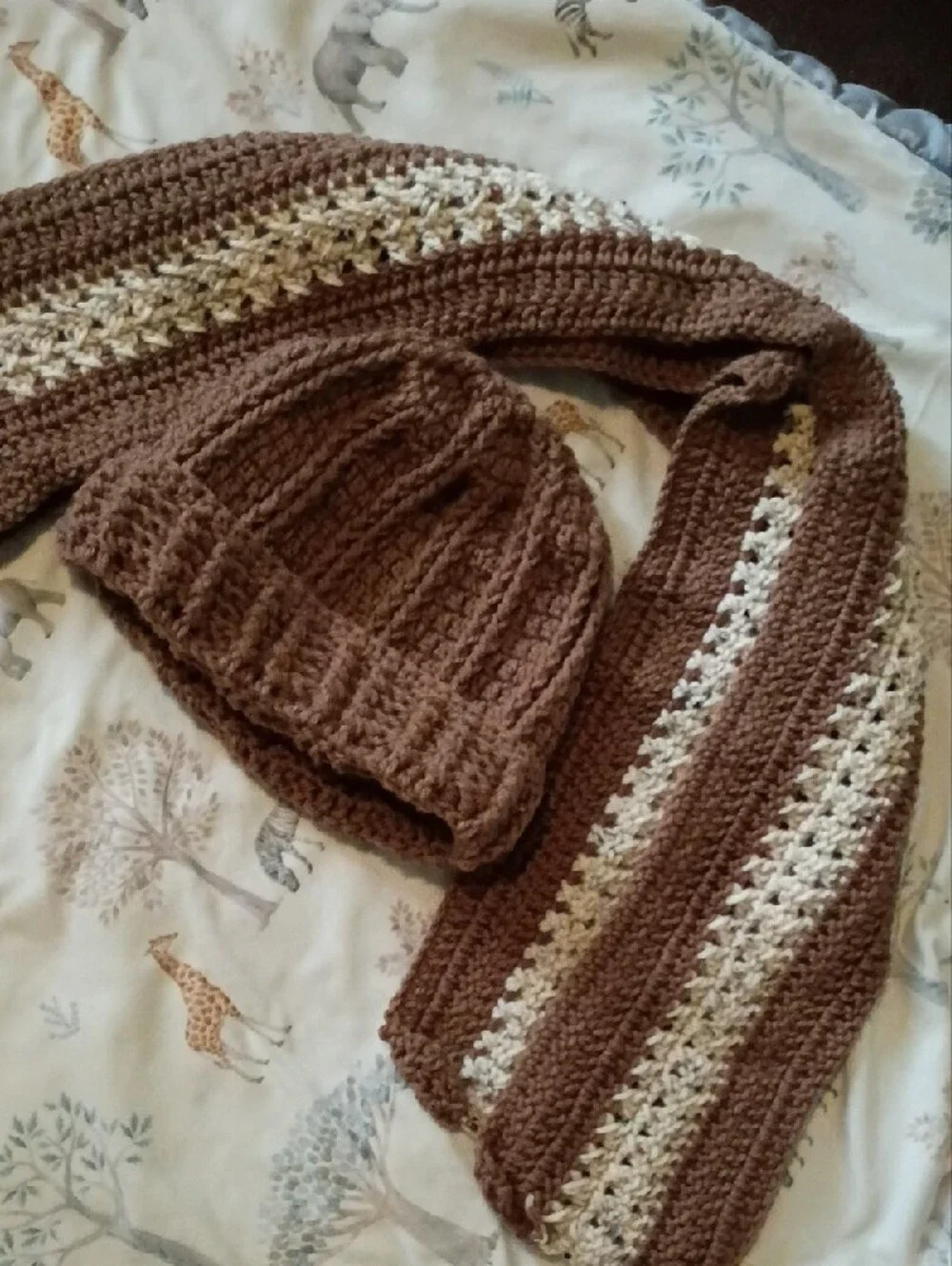 Cozy Brown & Cream Crochet Scarf and Beanie Set